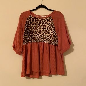 Casual Rust/Orange and Leopard Top 3/4 Length Sleeve